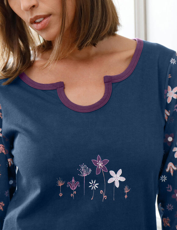 Pyjama pantalon imprim&eacute; fleurs - pur coton (marine)