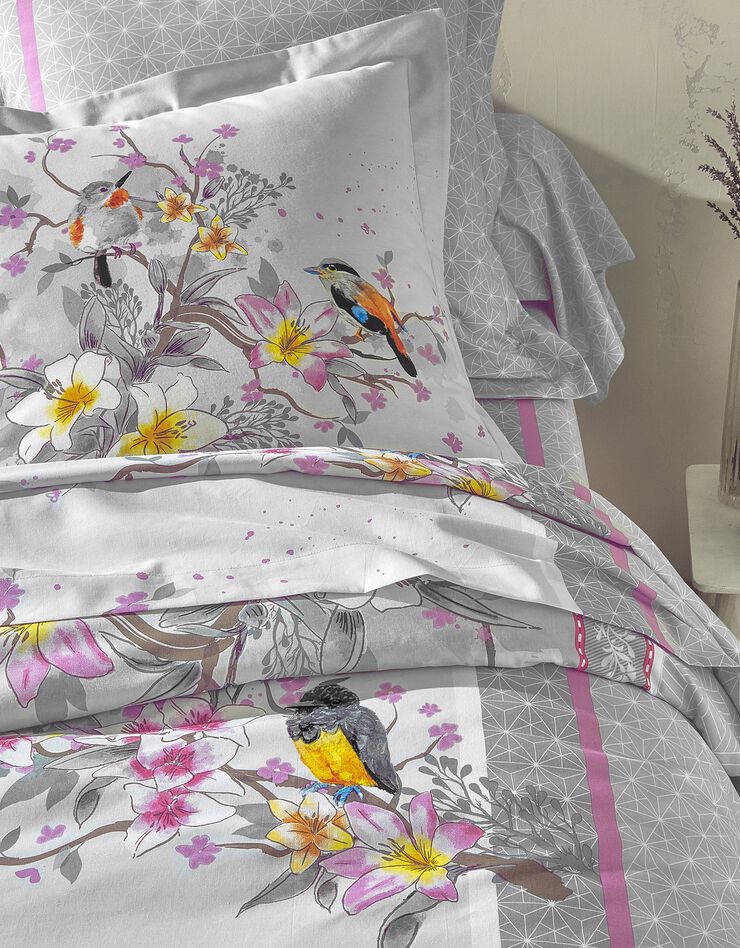 Linge de lit Birdy en coton imprimé oiseaux (gris)