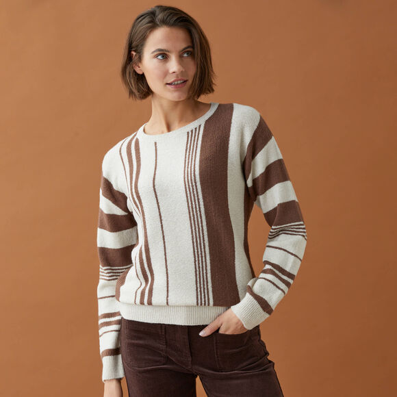 Trui in blousonstijl met verticale strepen, losse pasvorm (beige / chocolade)