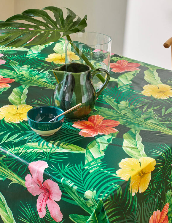 Nappe toile cirée imprimé hibiscus (vert / multicolore)