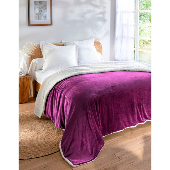 Tweekleurig deken in fleece en sherpa (aubergine)
