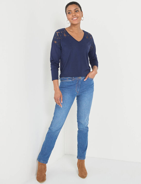 T-shirt col V manches longues dentelle (marine)