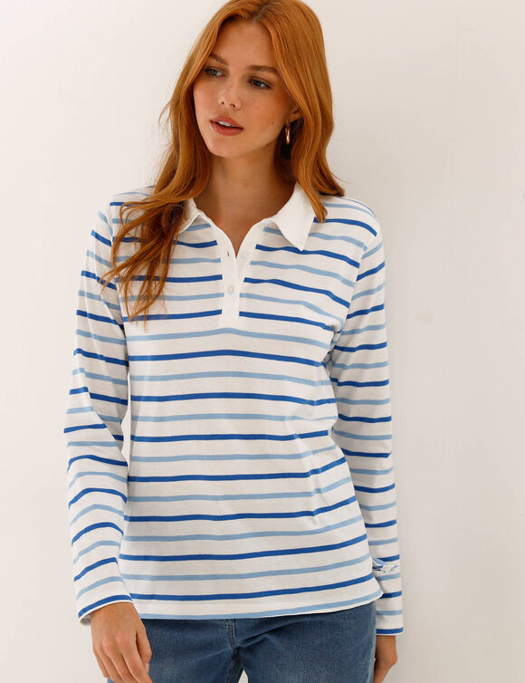 T-shirt ray&eacute; col polo, maille jersey (&eacute;cru / bleu)