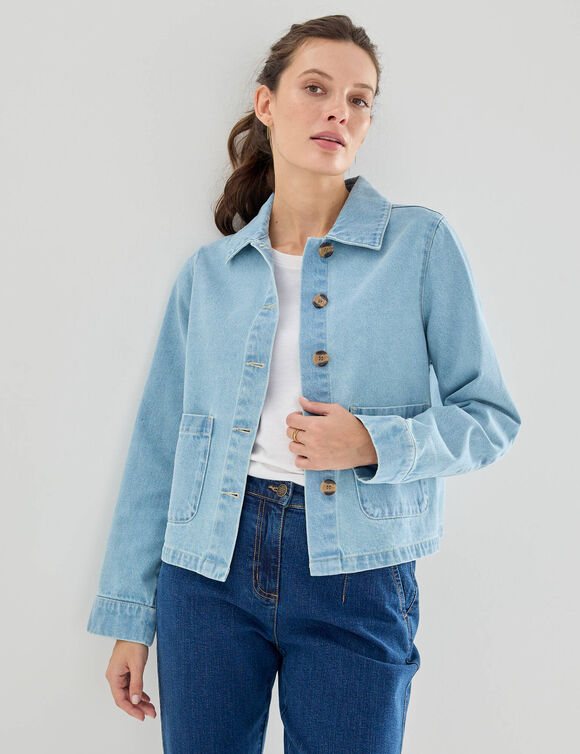 Veste en jean boutonn&eacute;e, style worker (bleached)