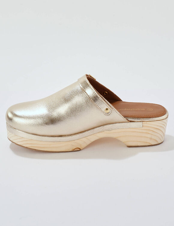 Klompen met hak, in leer en hout (goudkleurig)