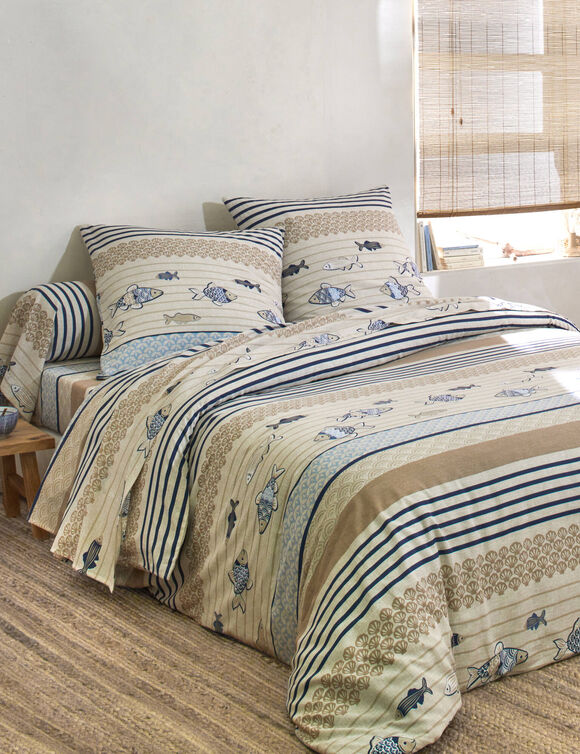 Bedlinnen Riviera in katoen met vissenprint (blauw)