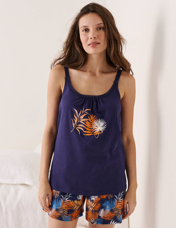 Top de pyjama en coton et macram&eacute; - uni tropical (marine)