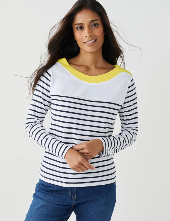 T-shirt ray&eacute; manches longues (blanc / marine)