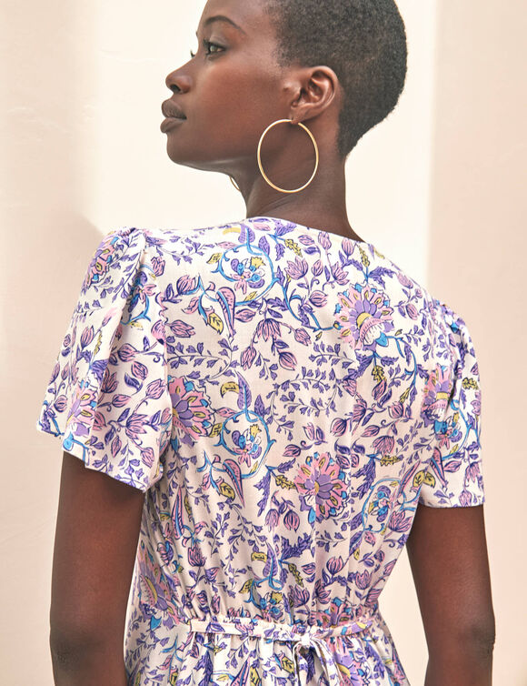 Robe longue col V imprim&eacute;e, manches papillon (&eacute;cru / parme)