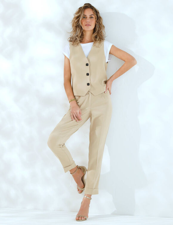 Veste "cafetier" sans manches, crêpe fluide (beige)
