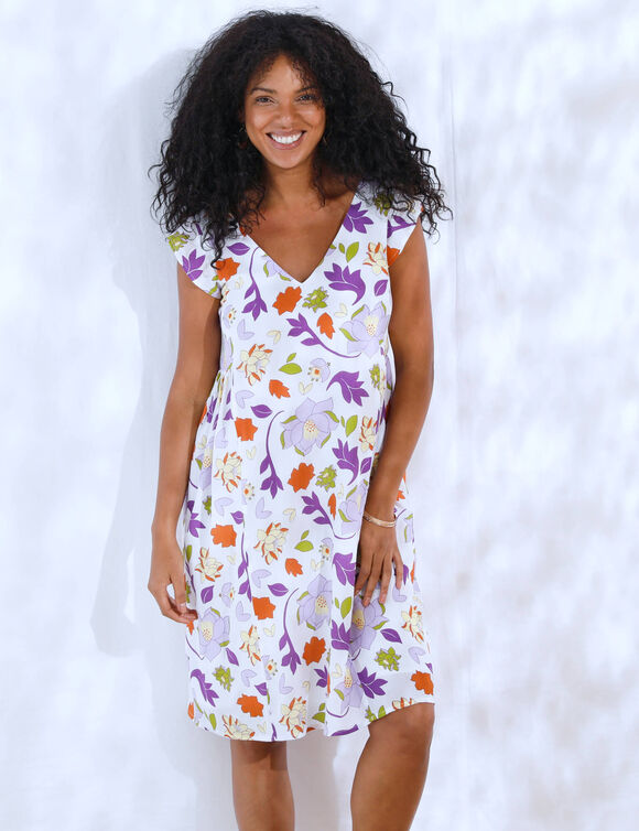 Robe courte évasée, crépon imprimé floral (écru / multicolore)