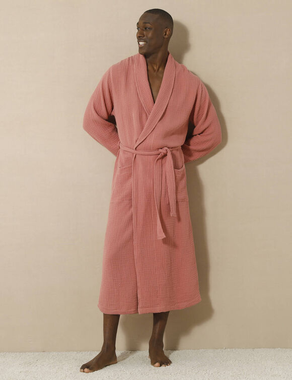 Peignoir de bain mixte col ch&acirc;le - triple gaze de coton  (bois de rose)