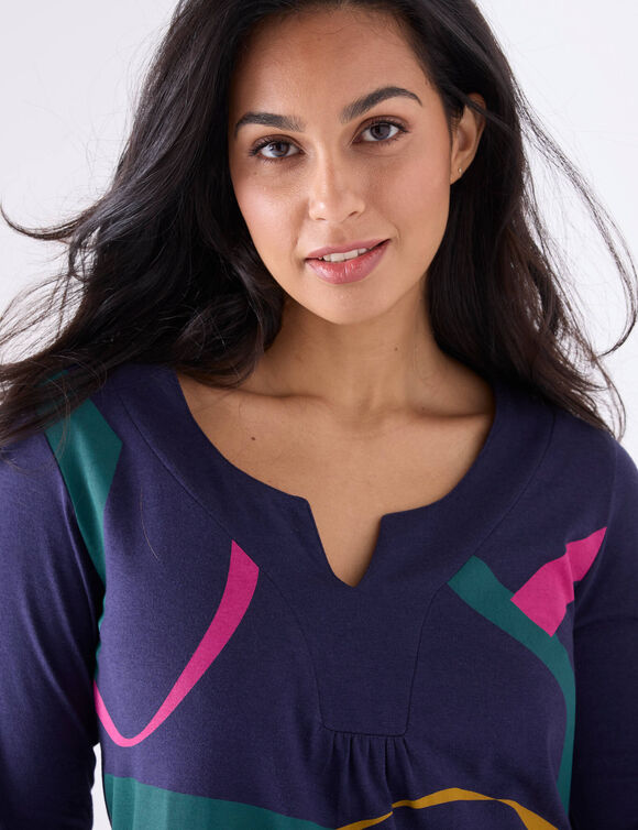 Tunique col V manches 3/4, imprimé graphique (marine / vert)
