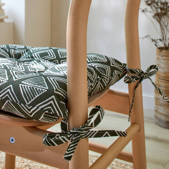Galette de chaise imprimé géométrique - lot de 2 (kaki / blanc)
