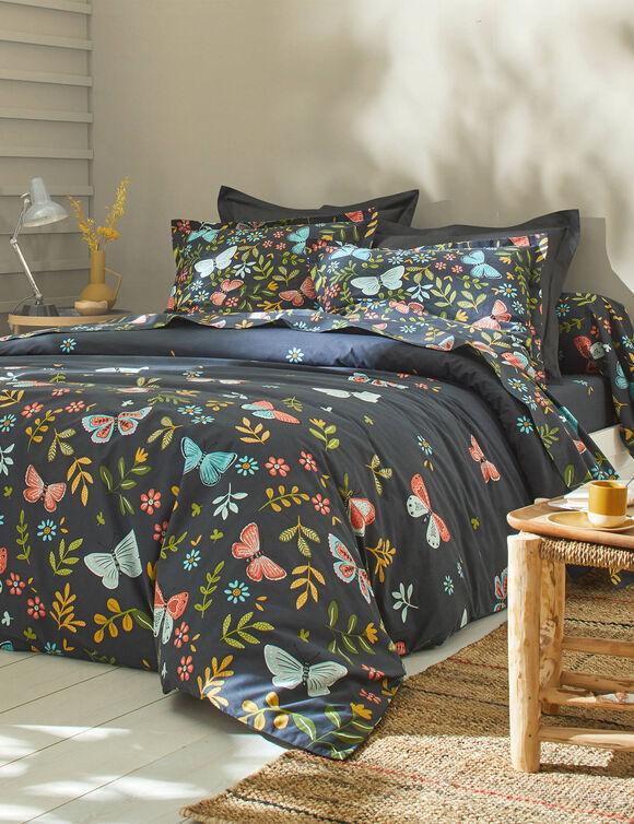 Bedlinnen Envolée in katoen met vlindermotieven (marineblauw)
