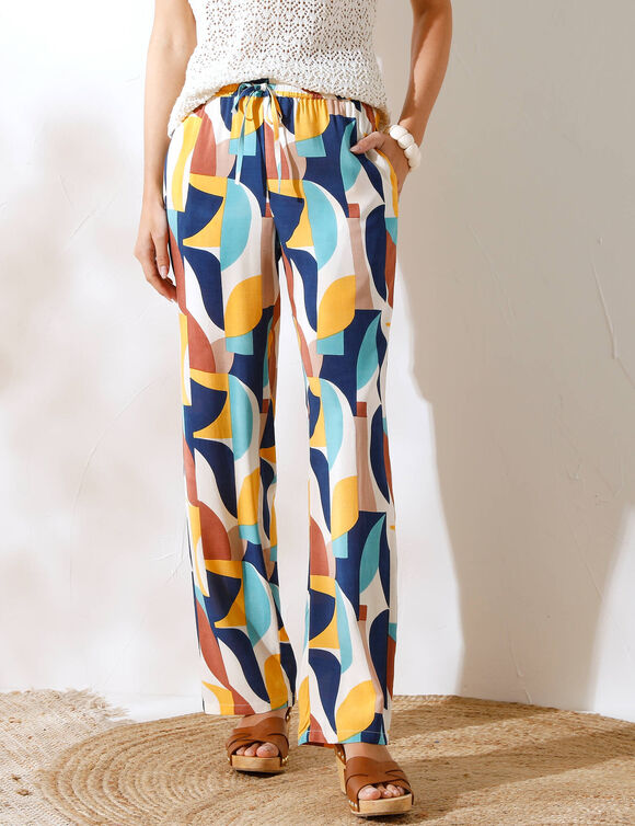 Ruime, soepele en bedrukte broek, ruim model (blauw / beige)