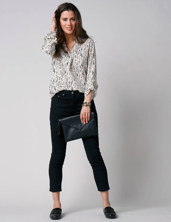 Blouse imprimé graphique col tunisien, crêpe (écru / noir)
