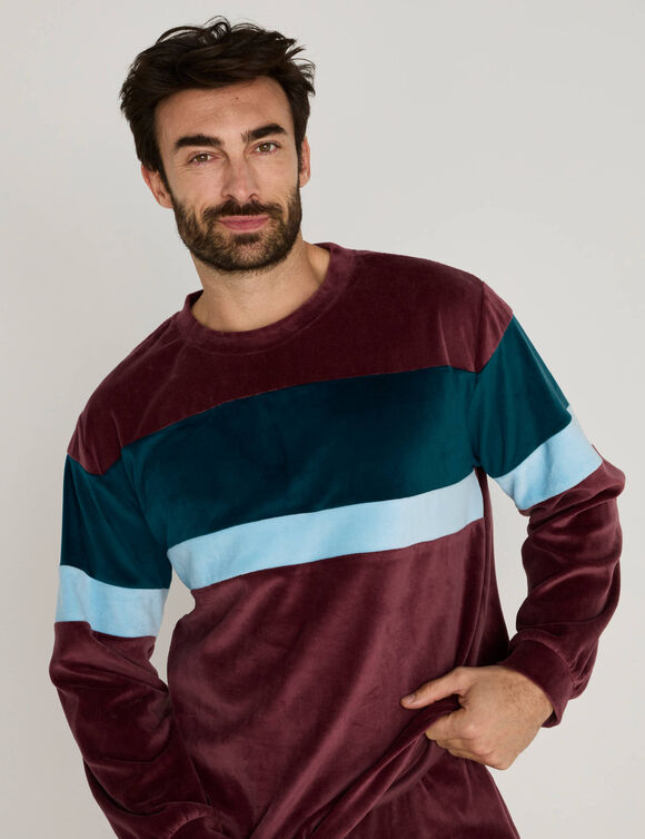 Pyjama tricolore velours manches longues (bordeaux)