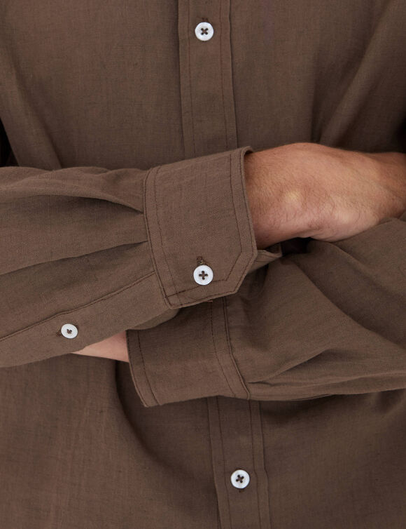 Chemise coton lin manches longues boutonn&eacute;e (marron)