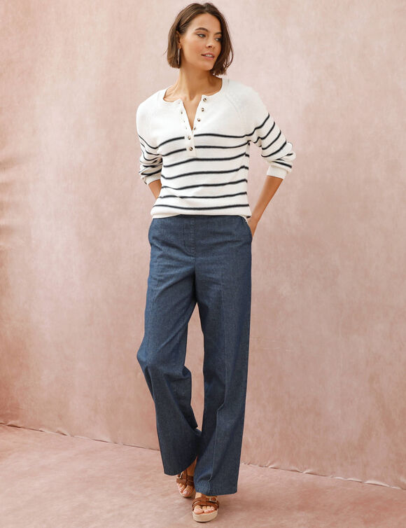 Gestreepte trui met Tunesische hals en knopen (ecru / marine)