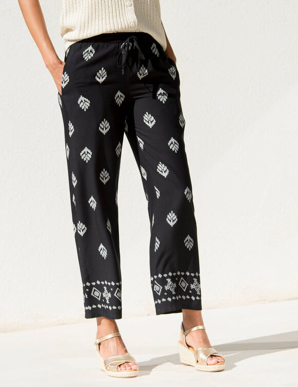 Pantalon large taille haute, viscose imprimée (noir / écru)