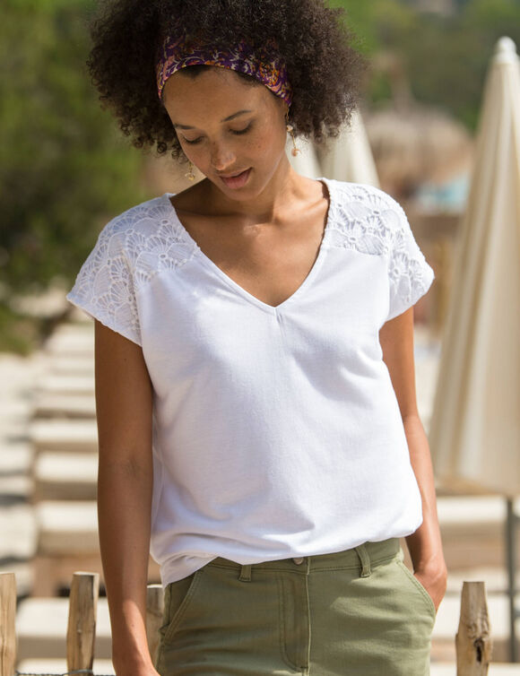 T-shirt uni macram&eacute; (blanc)