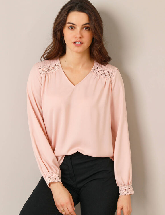 Blouse détails dentelle, crêpe (rose poudré)