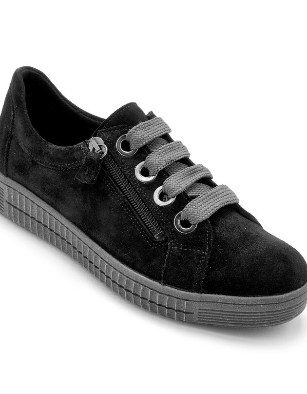Leren sneakers met veters en rits, brede pasvorm - zwart (zwart)