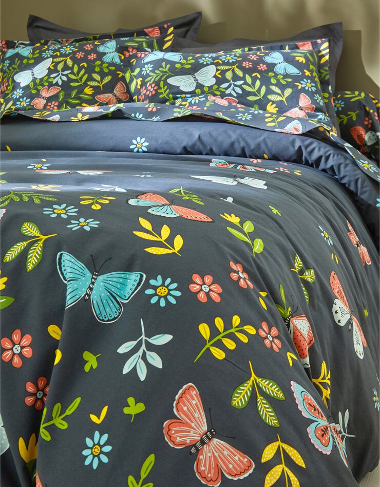 Linge de lit Envolée en coton à motifs papillons (bleu marine)
