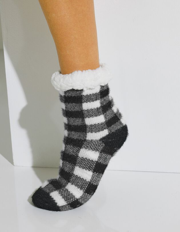 Chaussons-chaussettes fourrés antidérapants - carreaux (noir / blanc)