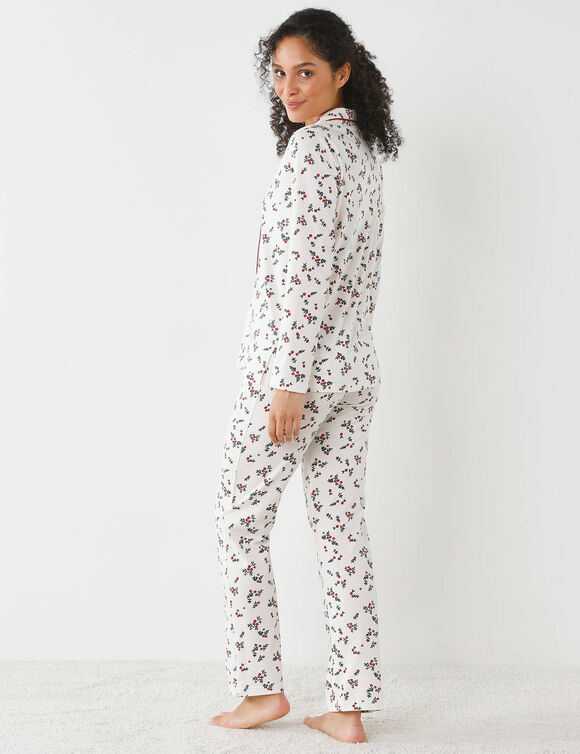Pyjama col tailleur imprimé houx  (écru / cerise)