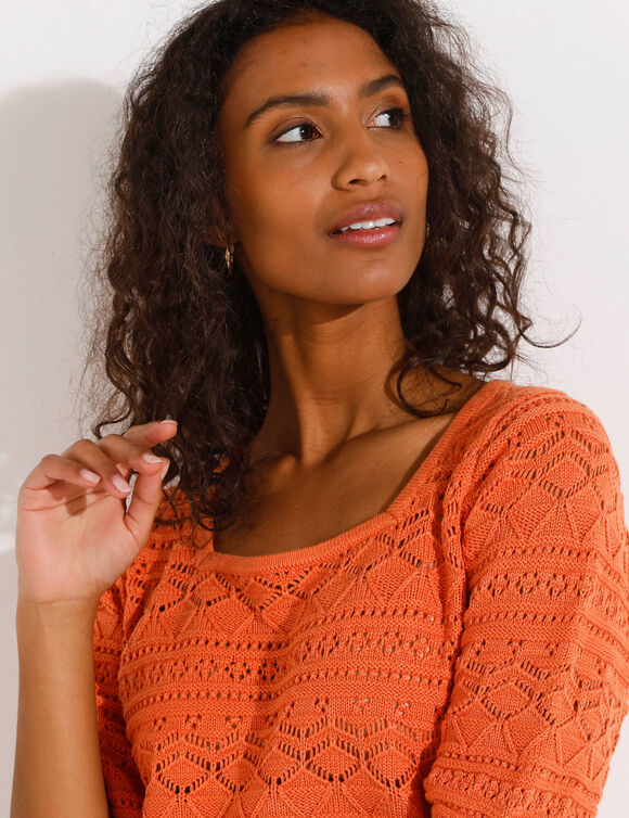 Pull col carré uni, maille ajourée (mandarine)
