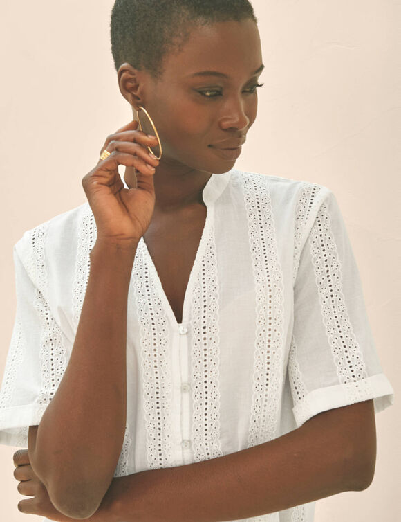 Chemisier col tunisien en broderie anglaise, manches courtes (blanc)