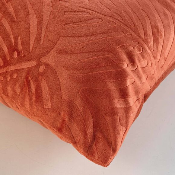 Coussin carré velours motif feuilles (terracotta)