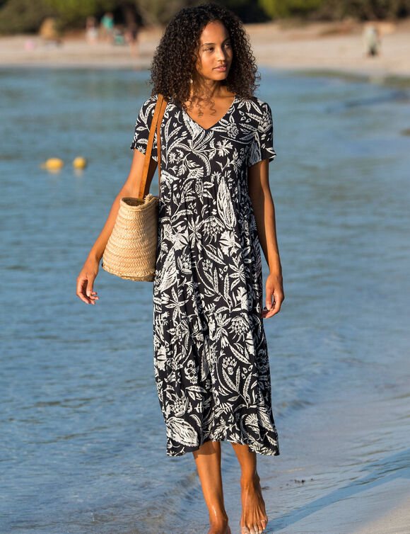 Robe longue imprim&eacute;e col V, cr&eacute;pon (noir / blanc)