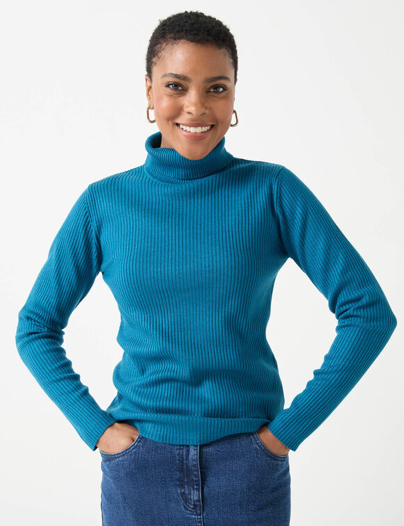 Pull col roulé, maille côtelée (bleu canard)