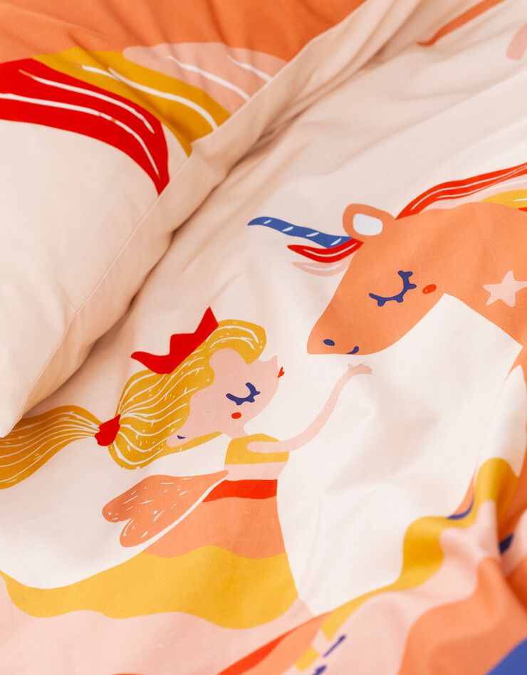Linge de lit enfant coton - imprimé Princesse et Licorne (rose)