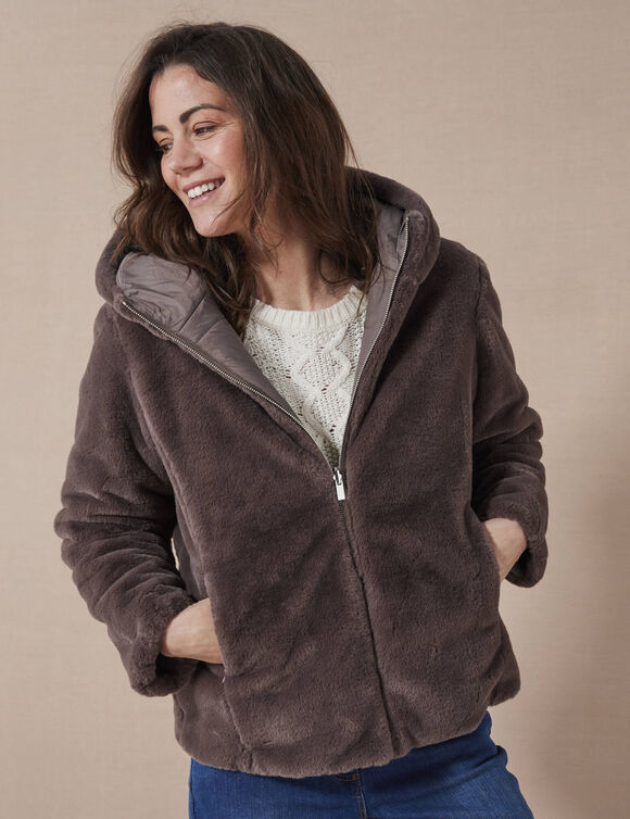 Veste fausse fourrure réversible en doudoune (taupe foncé)