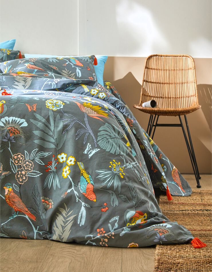 Linge de lit Amelia en coton imprimé oiseaux et finitions pompons, vert canard Linge de lit Amelia en coton imprimé oiseaux et finitions pompons, vert canard, hi-res image number 4
