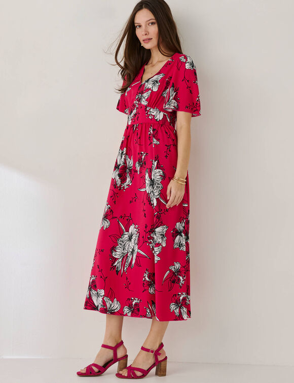 Robe longue imprim&eacute;e, manches &eacute;vas&eacute;es  (framboise)