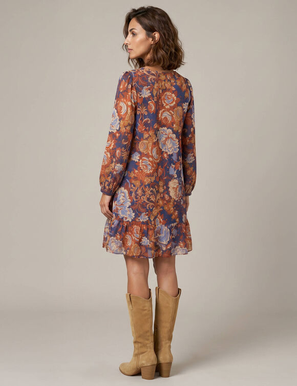 Robe courte volant&eacute;e &eacute;vas&eacute;e, imprim&eacute; fleurs XXL, cr&ecirc;pe textur&eacute; (bleu / caramel)