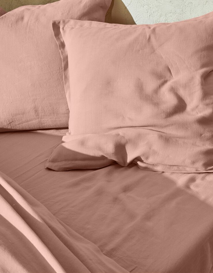 Bedlinnen in effen gewassen linnen (roze)
