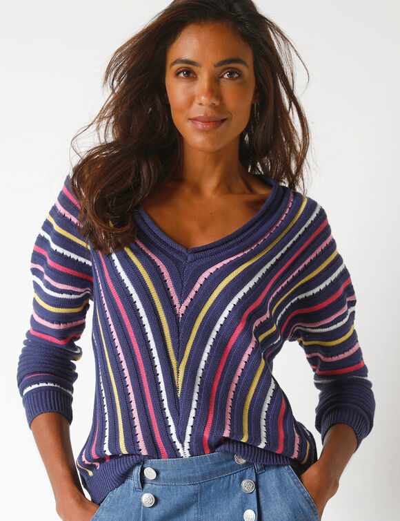 Pull V maille fantaisie, rayures graphiques (indigo / multicolore)