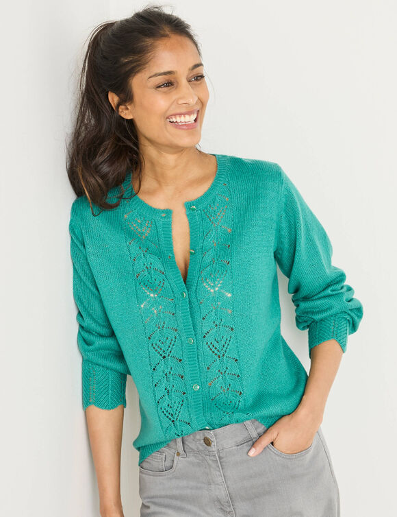 Gilet boutonné, maille ajourée (vert menthe)