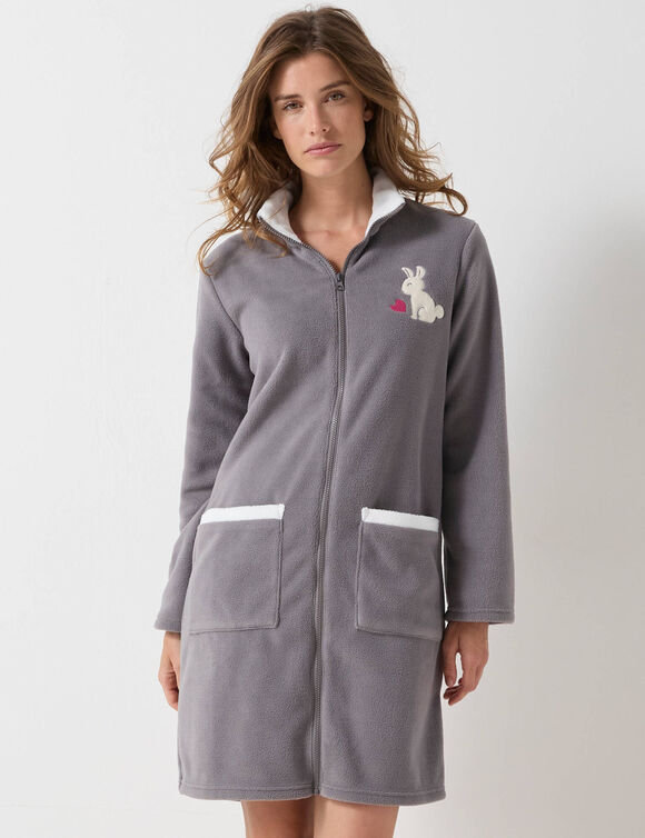 Halflange kamerjas met rits, in fleece, 'konijn' borduursel (grijs / ecru)