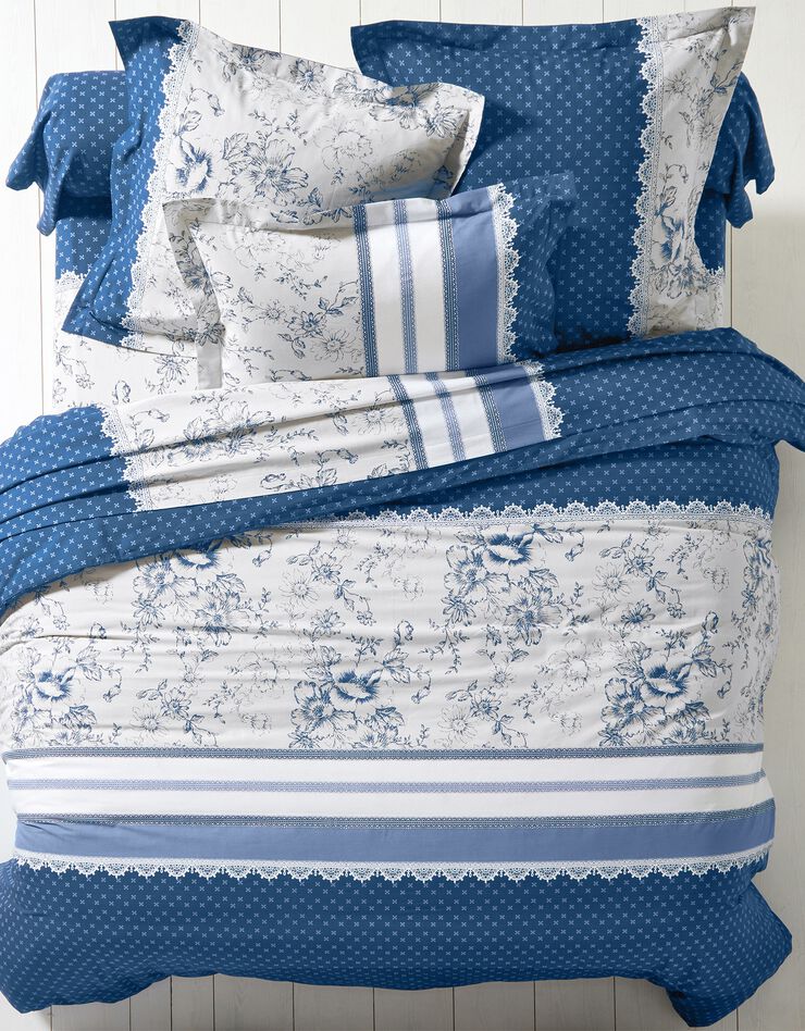 Linge de lit Gabrielle en flanelle imprimé fleurs et dentelle (bleu marine)