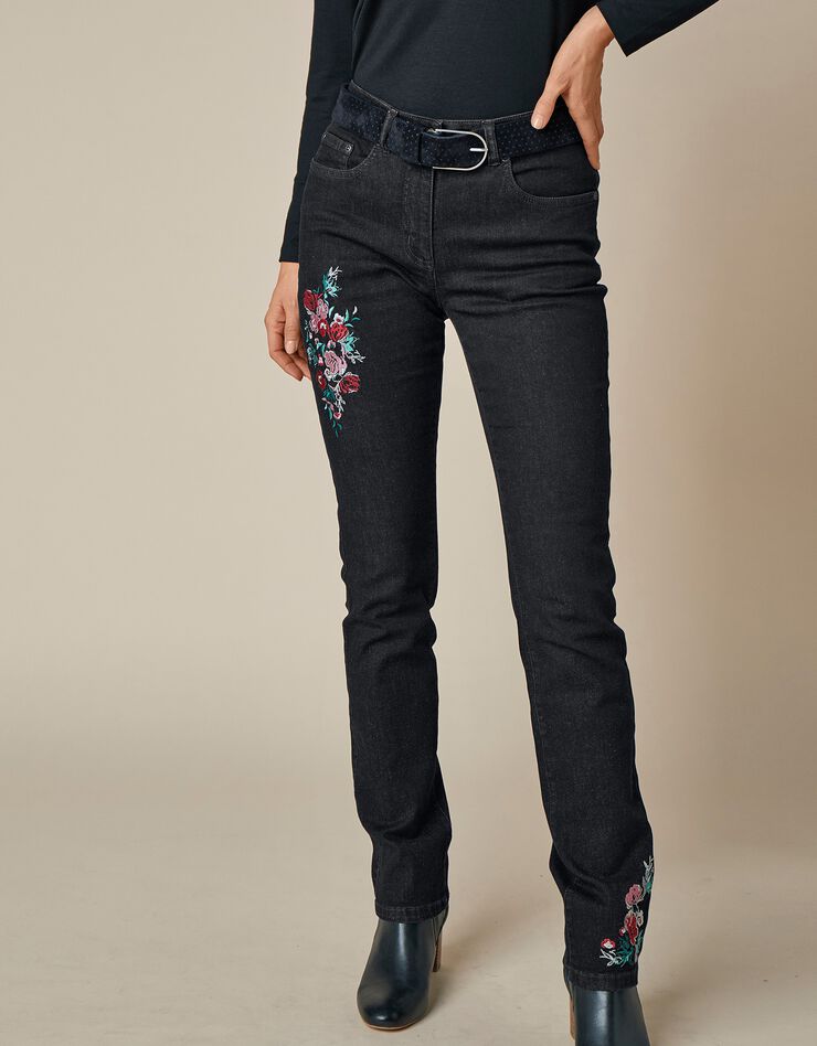 Rechte stretchjeans met bloemenborduursel, raw Rechte stretchjeans met bloemenborduursel, raw, hi-res image number 1