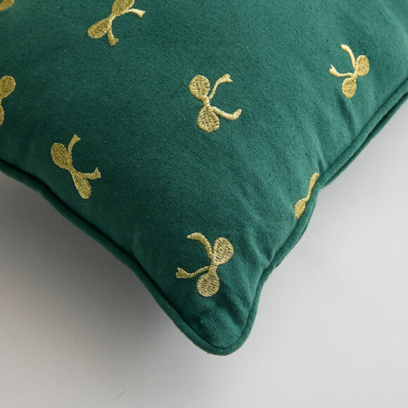 Coussin rectangulaire brod&eacute; petits n&oelig;uds, en coton/lin (vert)