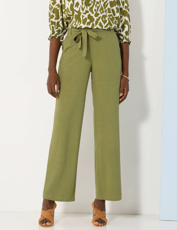 Pantalon droit large ceinturé, tissu fluide (kaki)
