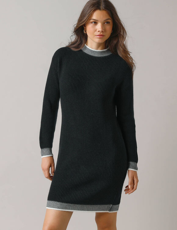 Robe pull détails contrastés, côte perlée (zwart / ecru)